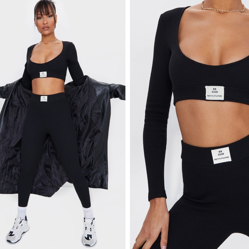 PrettyLittleThing Black Rib New Season Badge Legging Set